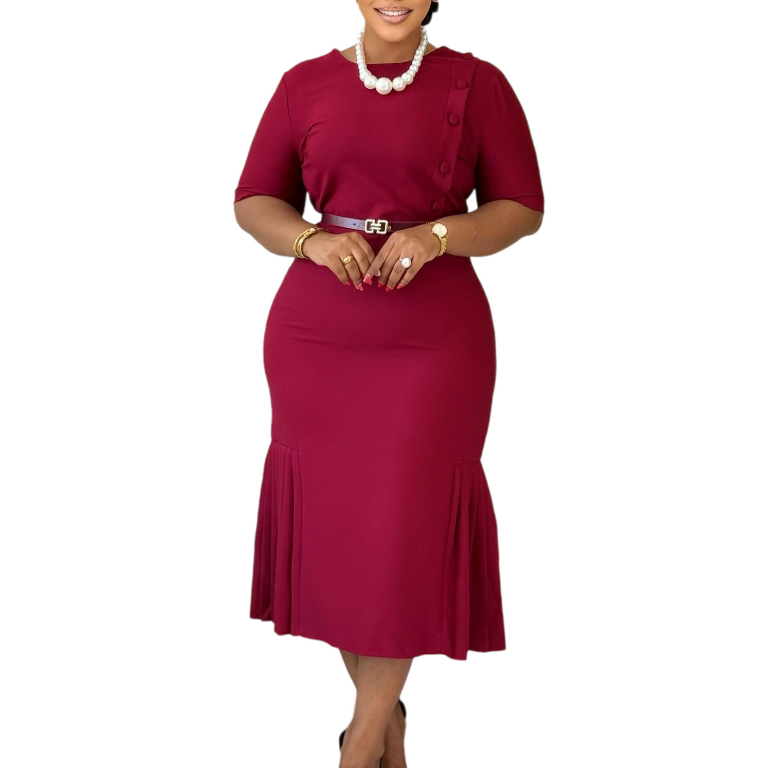 Women's Belted O-Neck Maxi Office Dress
