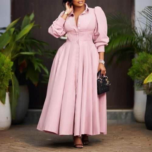 Women’s Elegant Long Sleeve V-Neck Midi Shirt Dress