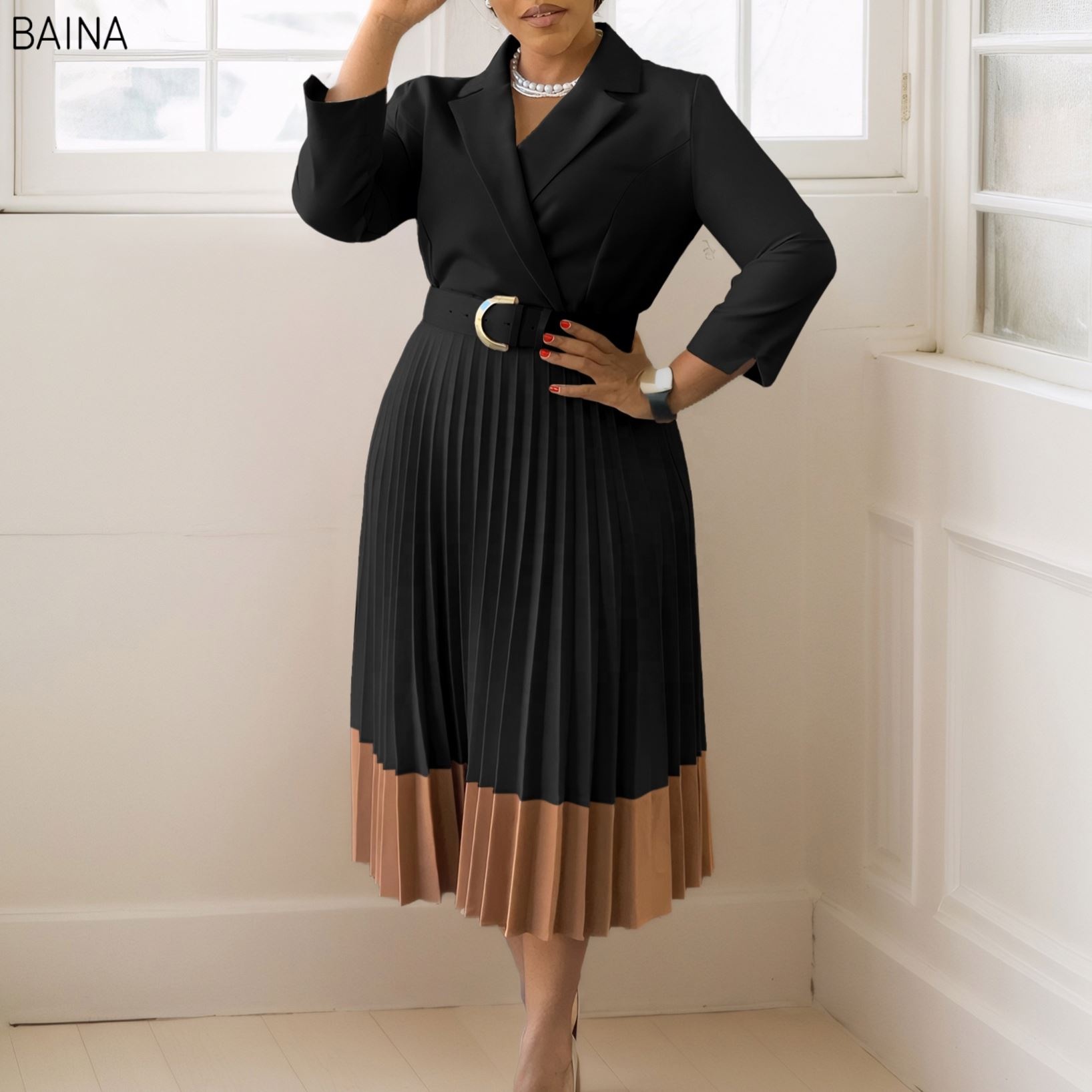 Women's Long Sleeve Pleated Midi Shirt Dress – Belted Office & Career Dress