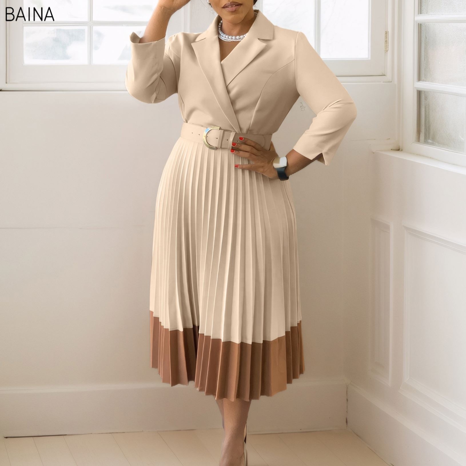 Women's Long Sleeve Pleated Midi Shirt Dress – Belted Office & Career Dress