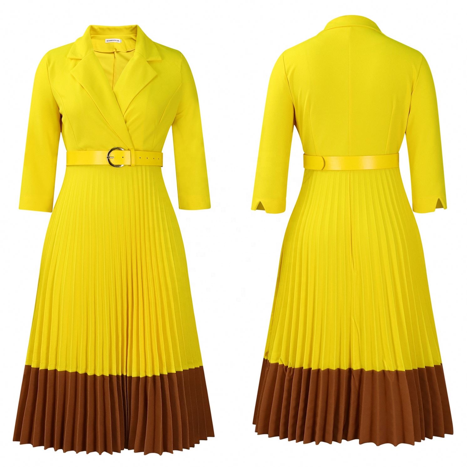 Women's Long Sleeve Pleated Midi Shirt Dress – Belted Office & Career Dress