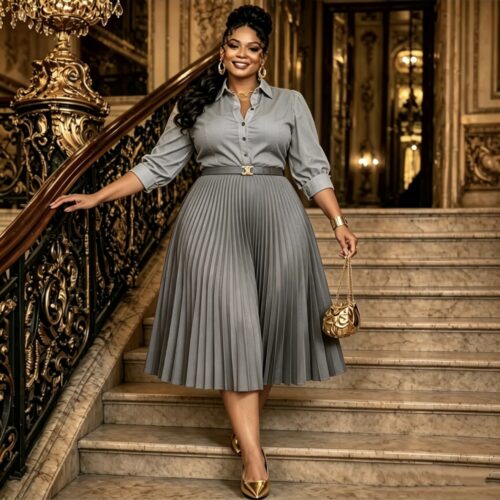 Women’s Plus Size Pleated Shirt Collar Kaftan Dress – Belted Modest Midi Abaya