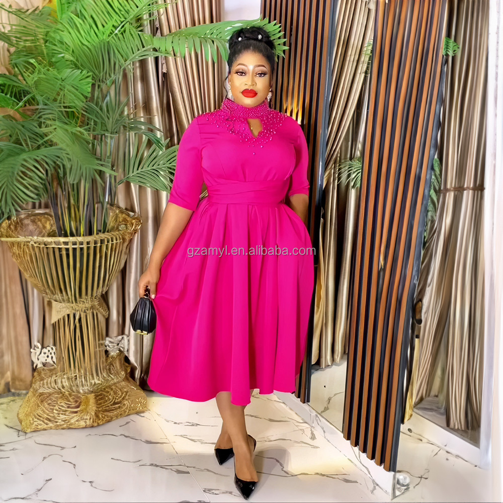 Women's Stand Collar Pearl Detail African Dress